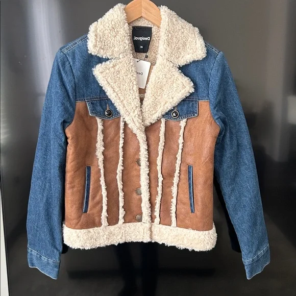 Desigual Daniela Sherpa Lined Denim & Faux Suede Patchwork Jacket EU Size 36 NWT - Picture 2 of 16
